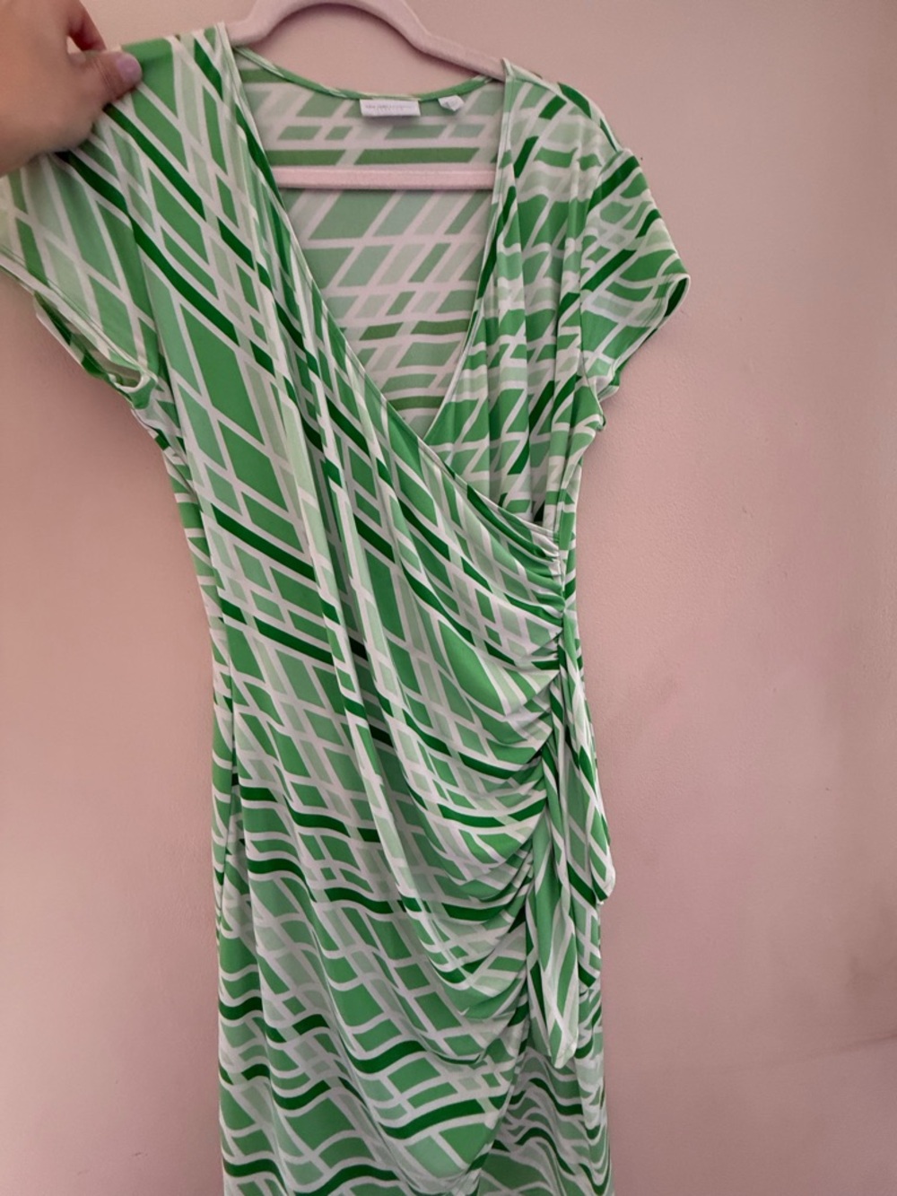 New York & Company Green and White Geometric Faux-Wrap Midi Dress